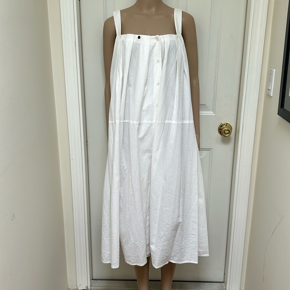 Designer Christine Alcalay White Seersucker Sleeveless Pleated Dropwaist Dress